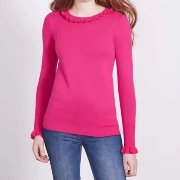 Boden Bernadette Wool Cotton Blend Ruffle Trim Crew Neck Sweater Fuchsia Pink 16 - Picture 9 of 9